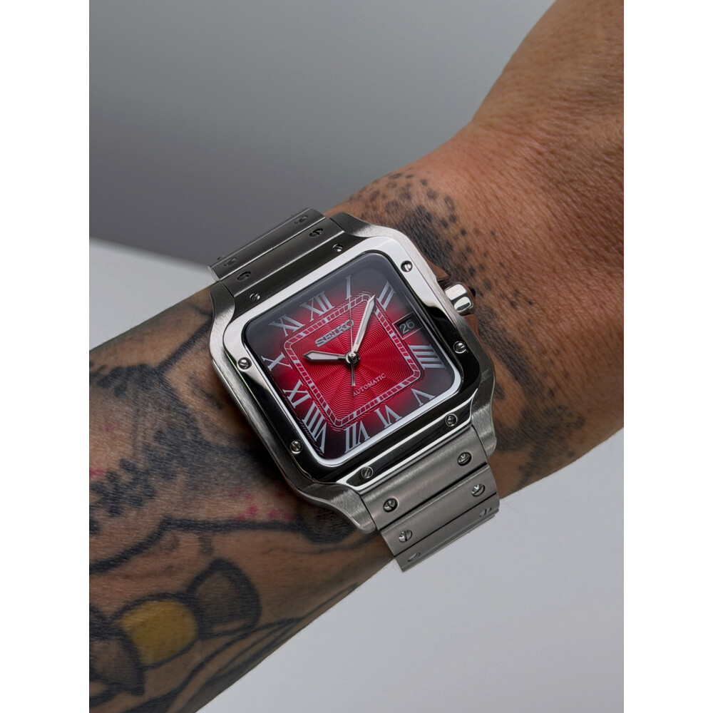 Custom Seiko Mod • Red Vignette Guilloche Steel Santos Automatic • 38mm